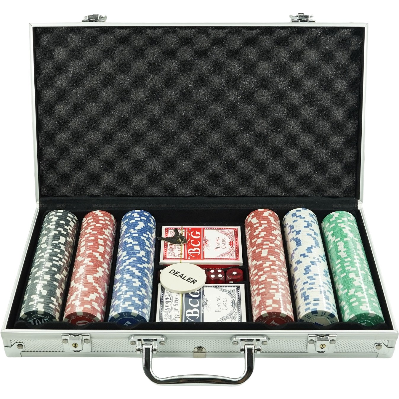 Set de Poker Complex cu 300 de jetoane , Include 2 seturi de carti, 5 zaruri, Echipat cu servieta de aluminiu cu dimensiunile 39x7x27 cm