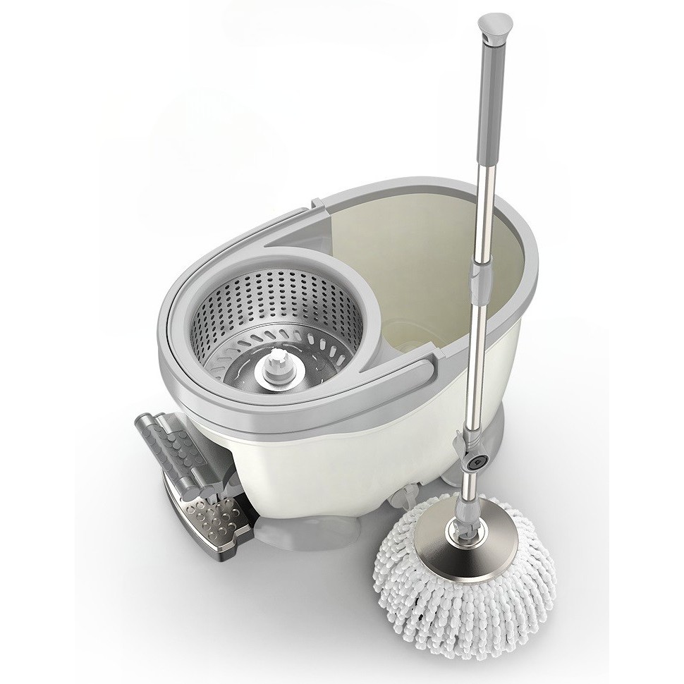 Set Galeata cu Pedala si Mop Rotativ 360°, , Cu Actiune Centrifuga x4, Pentru Uz Casnic, Maner din Otel Inoxidabil Telescopic, 2 Capte din Bumbac, 46x30x28 cm, Alb Ivoir - imagine 2