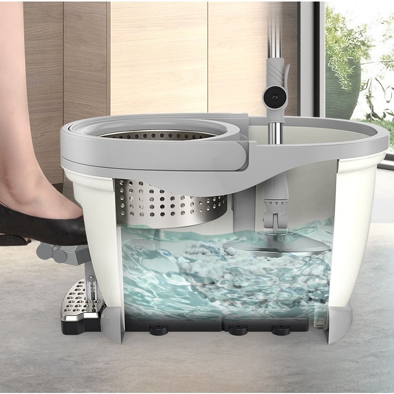 Set Galeata cu Pedala si Mop Rotativ 360°, , Cu Actiune Centrifuga x4, Pentru Uz Casnic, Maner din Otel Inoxidabil Telescopic, 2 Capte din Bumbac, 46x30x28 cm, Alb Ivoir - imagine 3