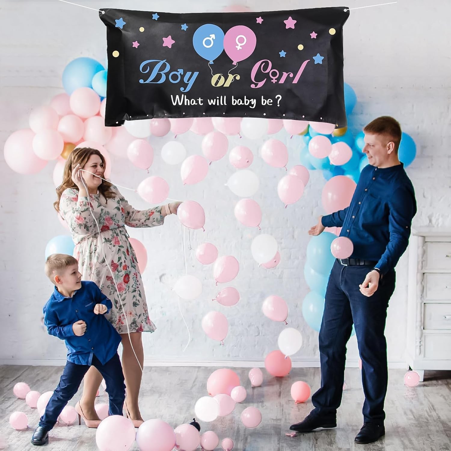 Set Gender Reveal, , Balloon Drop Bag, din Plastic si Latex, 24 Baloane Roz si Albastru 13 cm, Sac pentru Baloane 60 x 120 cm, Multicolor - imagine 2