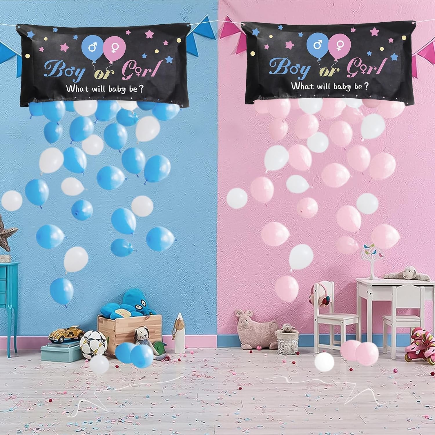 Set Gender Reveal, , Balloon Drop Bag, din Plastic si Latex, 24 Baloane Roz si Albastru 13 cm, Sac pentru Baloane 60 x 120 cm, Multicolor - imagine 3