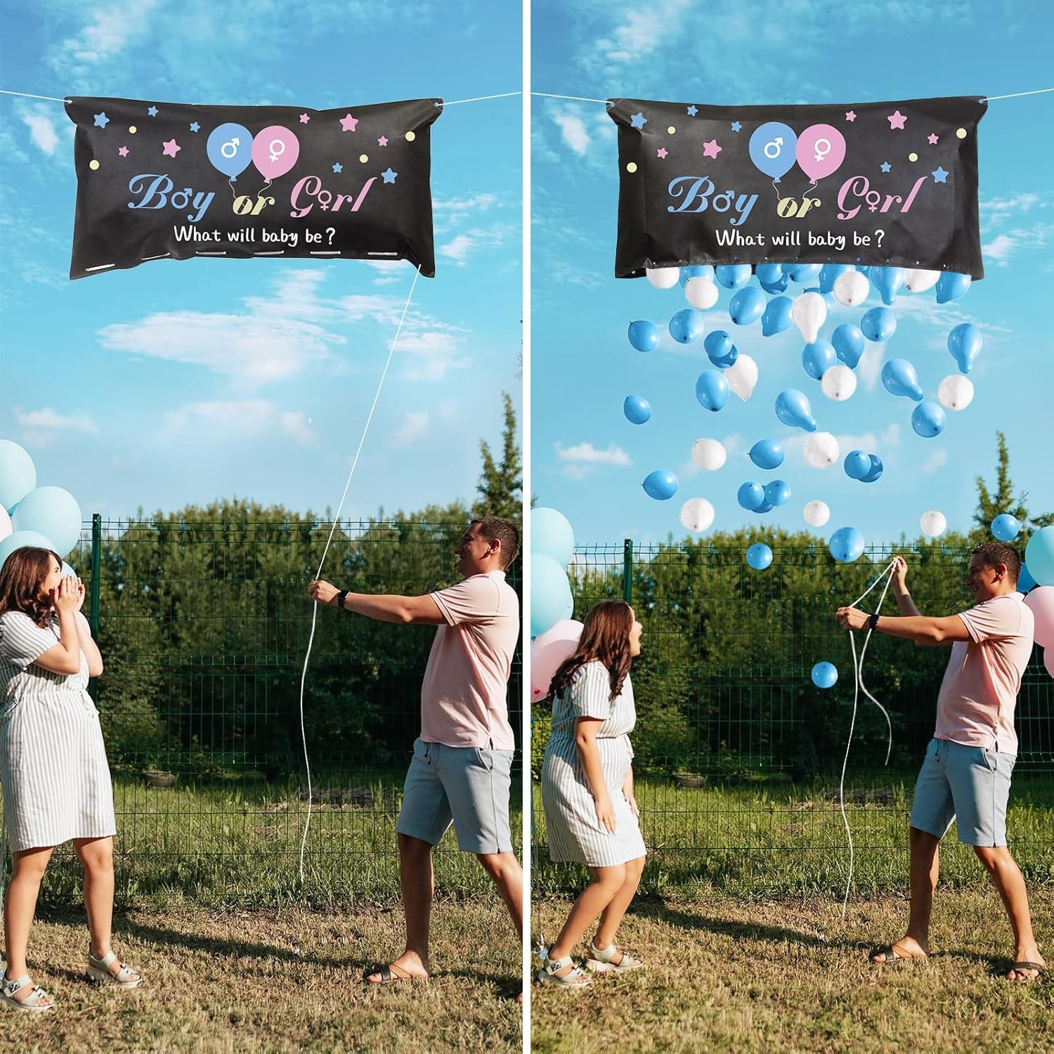 Set Gender Reveal, , Balloon Drop Bag, din Plastic si Latex, 24 Baloane Roz si Albastru 13 cm, Sac pentru Baloane 60 x 120 cm, Multicolor - imagine 4
