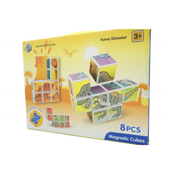 Set inteligent de cuburi magnetice pentru copii, 8 piese, cutie depozitare, puzzle dinozauri, +3 ani, multicolor - imagine 3