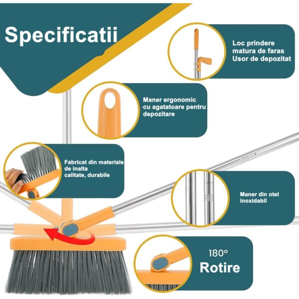 Set Matura si Faras cu Coada Detasabila, , cu Dinti de Pieptene pentru Curatare Matura, rotativ, pliabil, Otel inoxidabil si Polipropilena, portocaliu - imagine 4