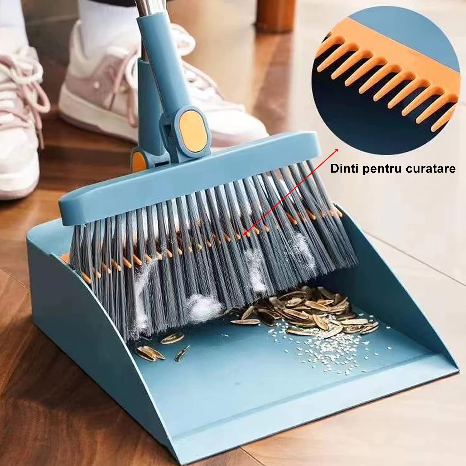 Set Matura si Faras cu Coada , cu Dinti de Pieptene pentru Curatare Matura, rotativ, pliabil, detasabil, Otel inoxidabil si Polipropilena, albastru - imagine 4