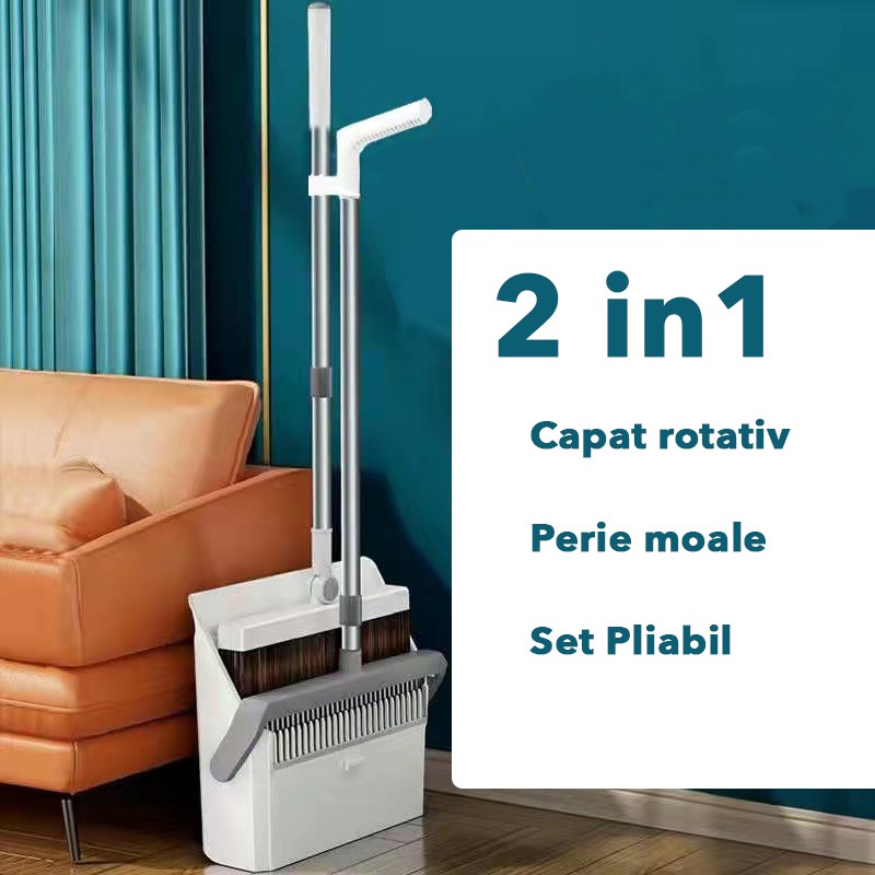 Set Matura si Faras cu Coada , cu Dinti de Pieptene pentru Curatare Matura, rotativ, pliabil, detasabil, Otel inoxidabil si Polipropilena, 99 x 30 cm Gri - imagine 2