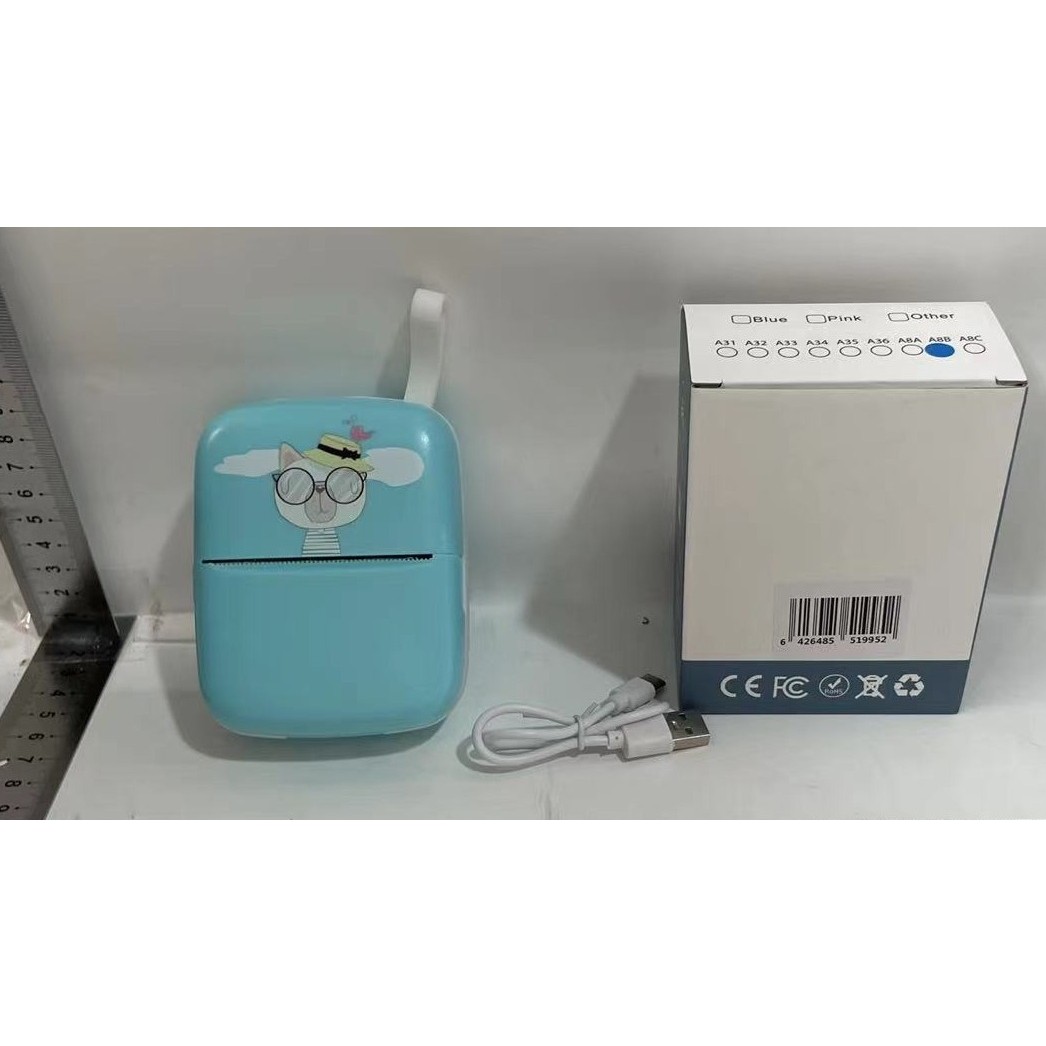 Set Mini Imprimanta Foto Portabila, , Include: 1x Set de Markere, 5x Role de Hartie Termica, 5x Role Hartie Adeziva, Incarcare USB, Bluetooth, Print Alb-Negru, Model Pisica, Albastru - imagine 3