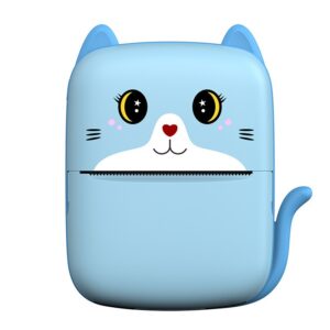 Set Mini Imprimanta Foto Portabila, , Include: 1x Set de Markere, 5x Role de Hartie Termica, 5x Role Hartie Adeziva, Incarcare USB, Bluetooth, Print Alb-Negru, Model Pisicuta, Albastru