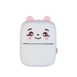 Set Mini Imprimanta Foto Portabila, , Include: 1x Set de Markere, 5x Role de Hartie Termica, 5x Role Hartie Adeziva, Incarcare USB, Bluetooth, Print Alb-Negru, Model Ursulet, Alb/Roz