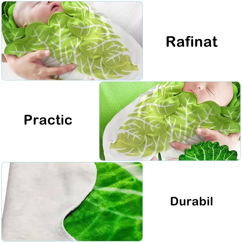 Set patura flanel si caciula , forma frunza de salata, pentru nou-nascuti, material poliester, 85 cm, verde - imagine 3