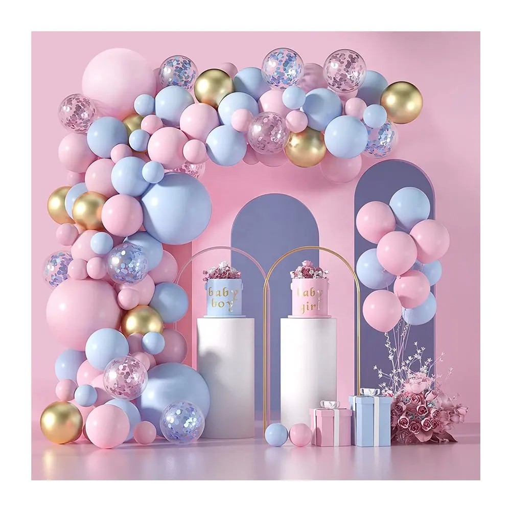 Baloane decorative pentru GENDER PARTY, , Arcada Set 130  baloane, Arcul de Baloane Roz si Albastru, Baloane Confetti Aurii, Multicolor