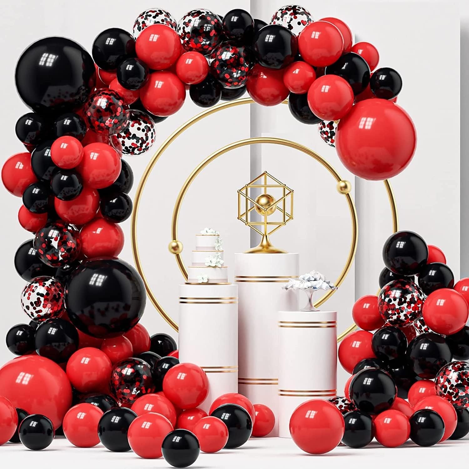 Baloane decorative pentru Nunta, Zi de Nastere, Evenimente, , Arcada Set din 124 baloane, din latex, baloane cu confetii, Negru Rosu