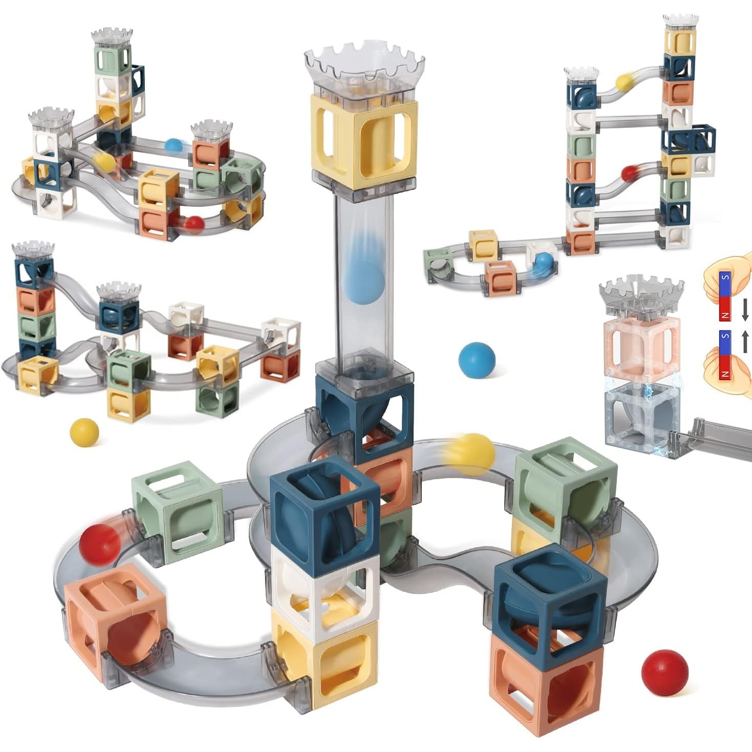 Set piese magnetice de constructie, , Cu tobogane si bile, 41 piese, Multicolor