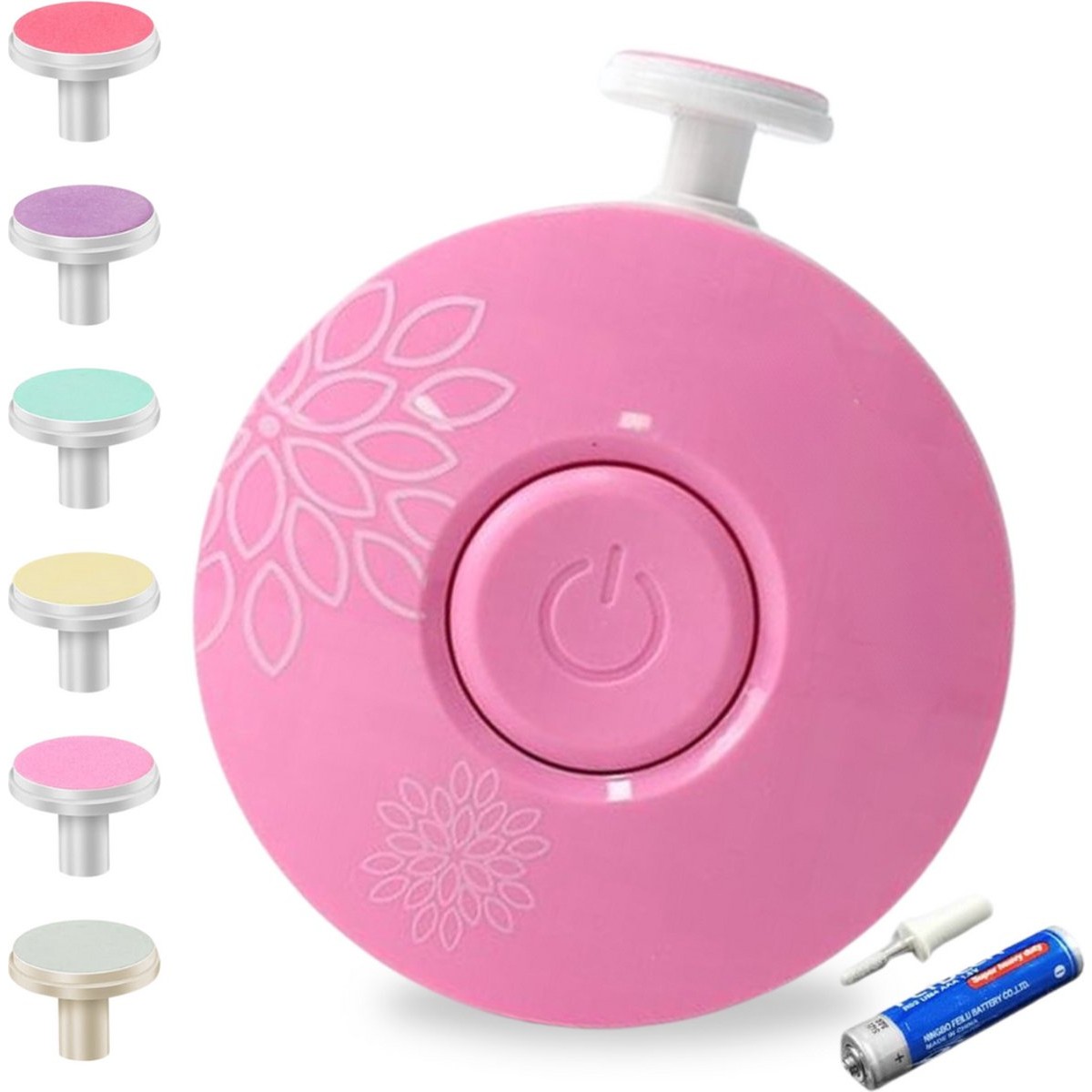 Set Pila Electrica cu Baterie, , pentru Copii si Bebelusi, din ABS, 6 Accesorii, Model cu Flori, 6.5 x 1.8 cm, Roz