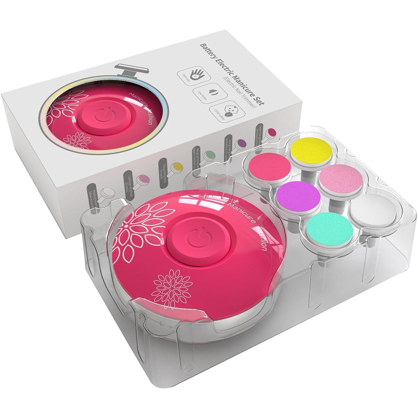 Set Pila Electrica pentru Copii si Bebelusi, , ABS, Incarcare USB, Model cu Flori, 6 Accesorii, cu Lumina LED, Fucsia - imagine 2