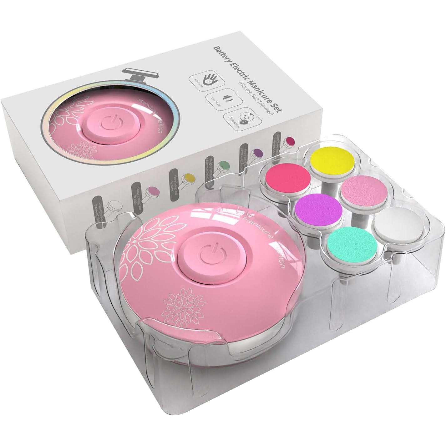 Set Pila Electrica cu Baterie, , pentru Copii si Bebelusi, din ABS, 6 Accesorii, Model cu Flori, 6.5 x 1.8 cm, Roz - imagine 2