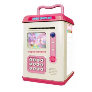 Set Pusculita pentru Copii, , Tip ATM, Parola cu Amprenta, 13.5 x 11.5 x 20 cm, Roz