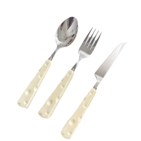 Tacamuri pentru Copii, , Set 3 Piese, Tacamuri pentru Dejun, Lingura Furculita Cutit, Stil Italian, Manere forma Cascaval Plastic, Inox, 23 cm, Auriu