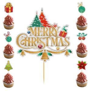 Set Toppere pentru Tort si Prajituri, , Tematica Craciun, Model Mare Scris Merry Christmas 15.5x14.3 cm, 6 Toppere Mici Modele Variate 5x5 cm, Multicolor