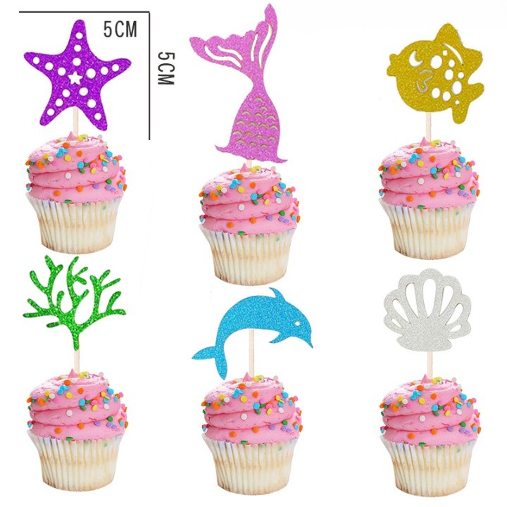 Set Toppere pentru Tort si Prajituri, , Tematica Sirena, Model Mare Scris Happy Birthday 16.5x8.2 cm, 6 Toppere Mici Model Marin 5x5 cm, Multicolor - imagine 2
