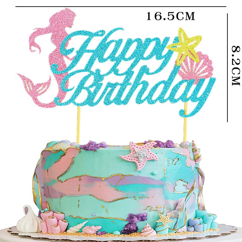 Set Toppere pentru Tort si Prajituri, , Tematica Sirena, Model Mare Scris Happy Birthday 16.5x8.2 cm, 6 Toppere Mici Model Marin 5x5 cm, Multicolor - imagine 3