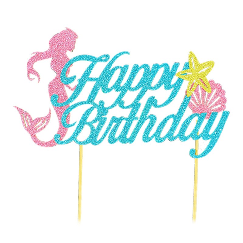 Set Toppere pentru Tort si Prajituri, , Tematica Sirena, Model Mare Scris Happy Birthday 16.5x8.2 cm, 6 Toppere Mici Model Marin 5x5 cm, Multicolor - imagine 4