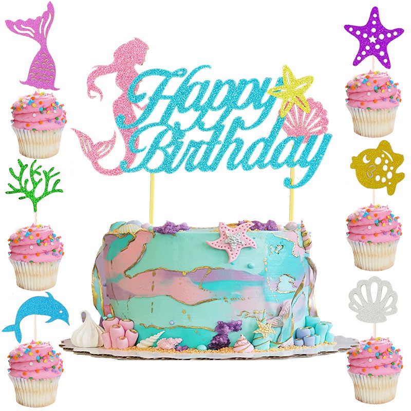 Set Toppere pentru Tort si Prajituri, , Tematica Sirena, Model Mare Scris Happy Birthday 16.5x8.2 cm, 6 Toppere Mici Model Marin 5x5 cm, Multicolor