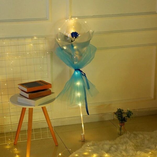 Set Trandafir in Balon LED cu Lumini, , Tip Buchet, Diametru 35 cm, Albastru - imagine 3