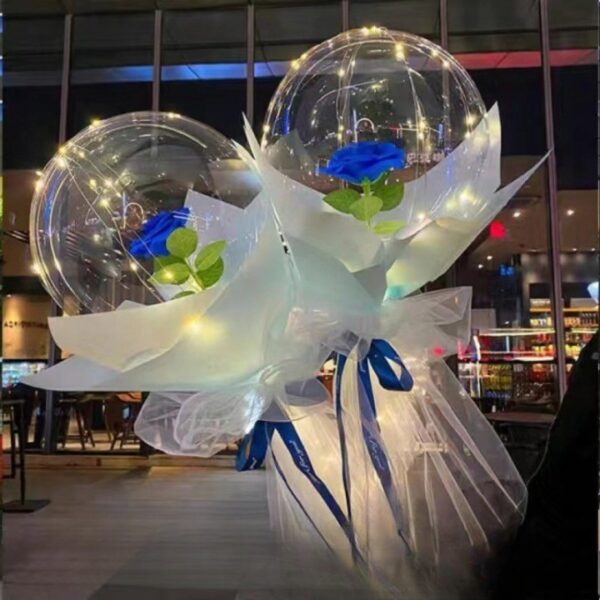 Set Trandafir in Balon LED cu Lumini, , Tip Buchet, Diametru 35 cm, Albastru - imagine 4