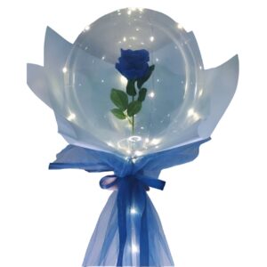 Set Trandafir in Balon LED cu Lumini, , Tip Buchet, Diametru 35 cm, Albastru