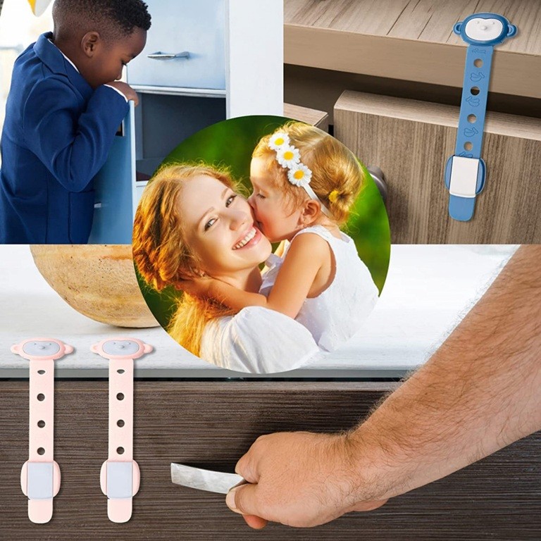 Siguranta pentru Usi Copii, , Sistem de Blocare Sertare, Dulap, Frigider, Adeziv, cu Sistem de Inchidere Dublu, Model Maimutica, Albastru - imagine 4