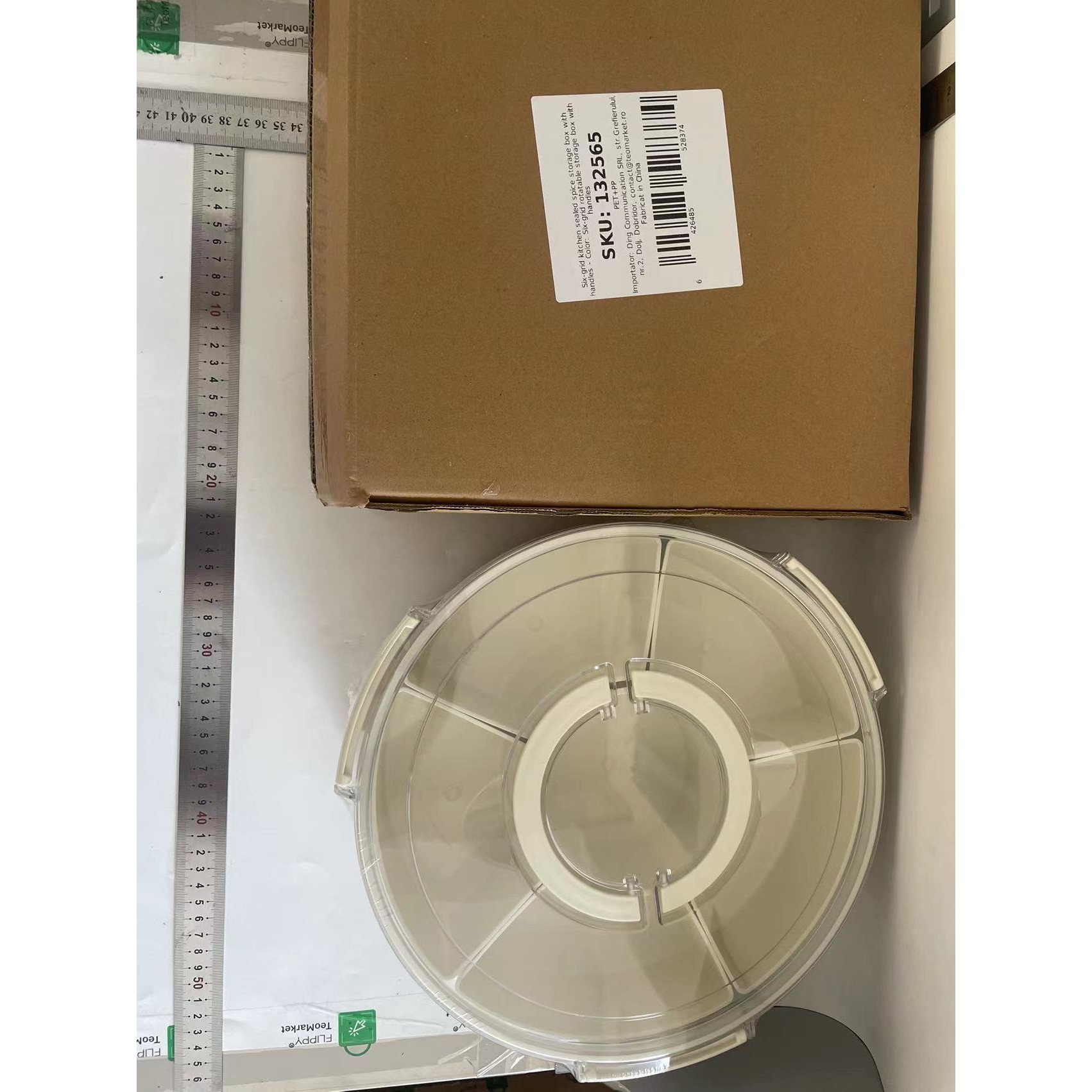 Cutie de Depozitare pentru Alimente, , cu 6 Compartimente, pentru Condimente, Fructe, Legume, cu Manere de Prindere, Rotativa 360 de Grade, Inchidere Ermetica, 32x10 cm, Alba - imagine 2