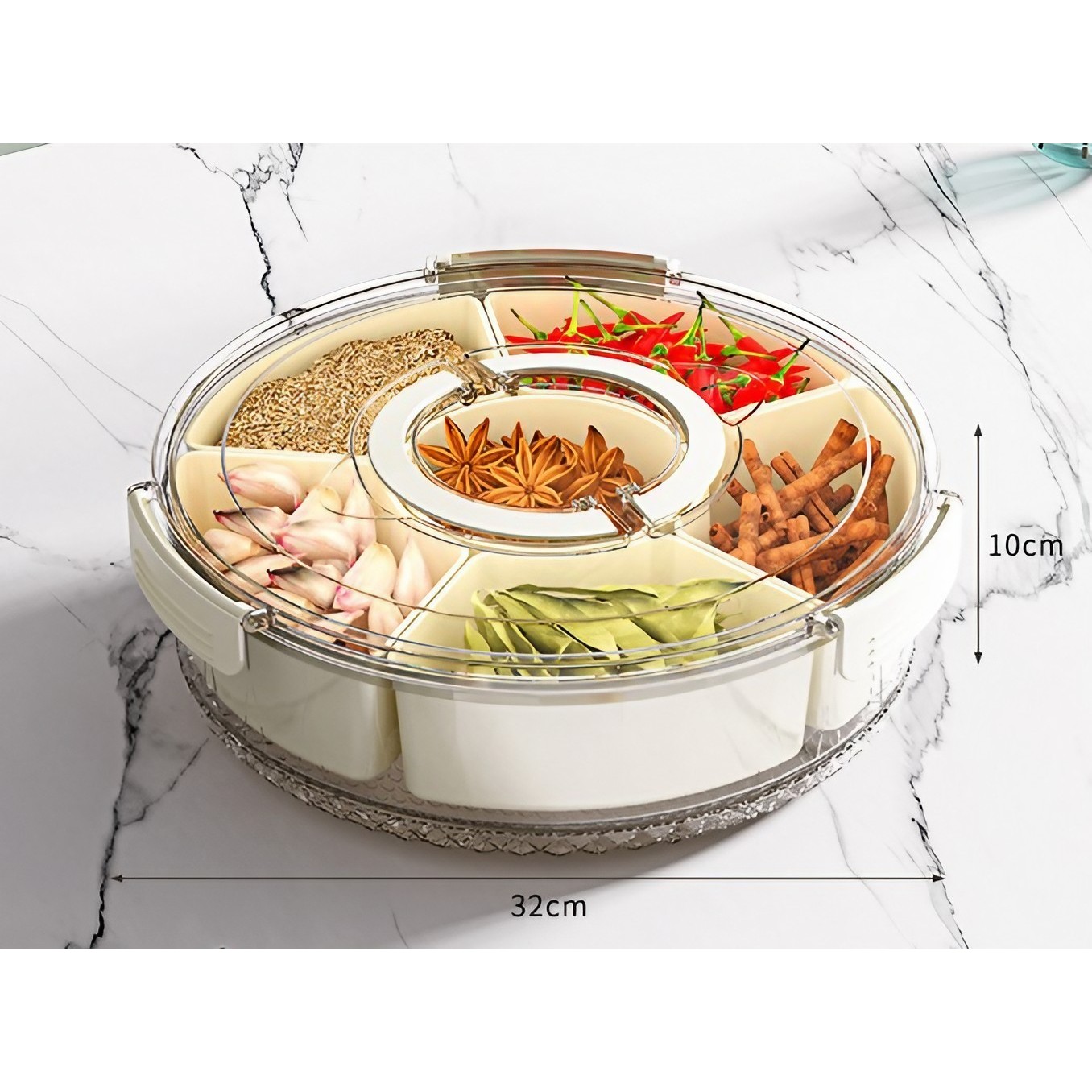 Cutie de Depozitare pentru Alimente, , cu 6 Compartimente, pentru Condimente, Fructe, Legume, cu Manere de Prindere, Rotativa 360 de Grade, Inchidere Ermetica, 32x10 cm, Alba - imagine 3