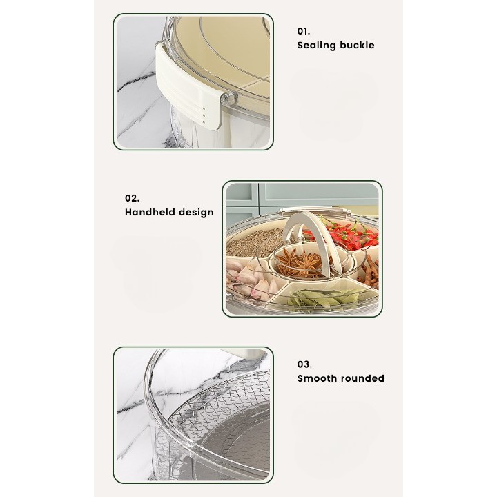 Cutie de Depozitare pentru Alimente, , cu 6 Compartimente, pentru Condimente, Fructe, Legume, cu Manere de Prindere, Rotativa 360 de Grade, Inchidere Ermetica, 32x10 cm, Alba - imagine 4