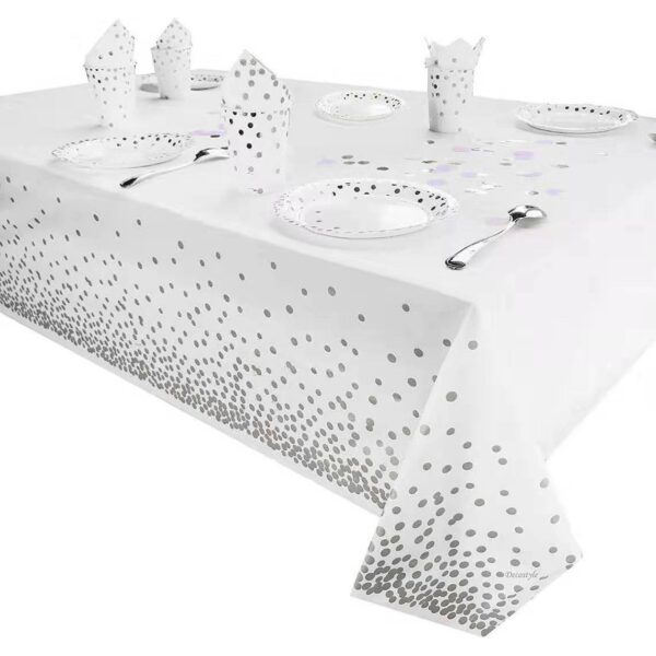 Fata de Masa, , din PEVA, Imprimeu Buline, 137 x 274 cm, Impermeabila, Fara Pete, Curatare Rapida, Argintiu