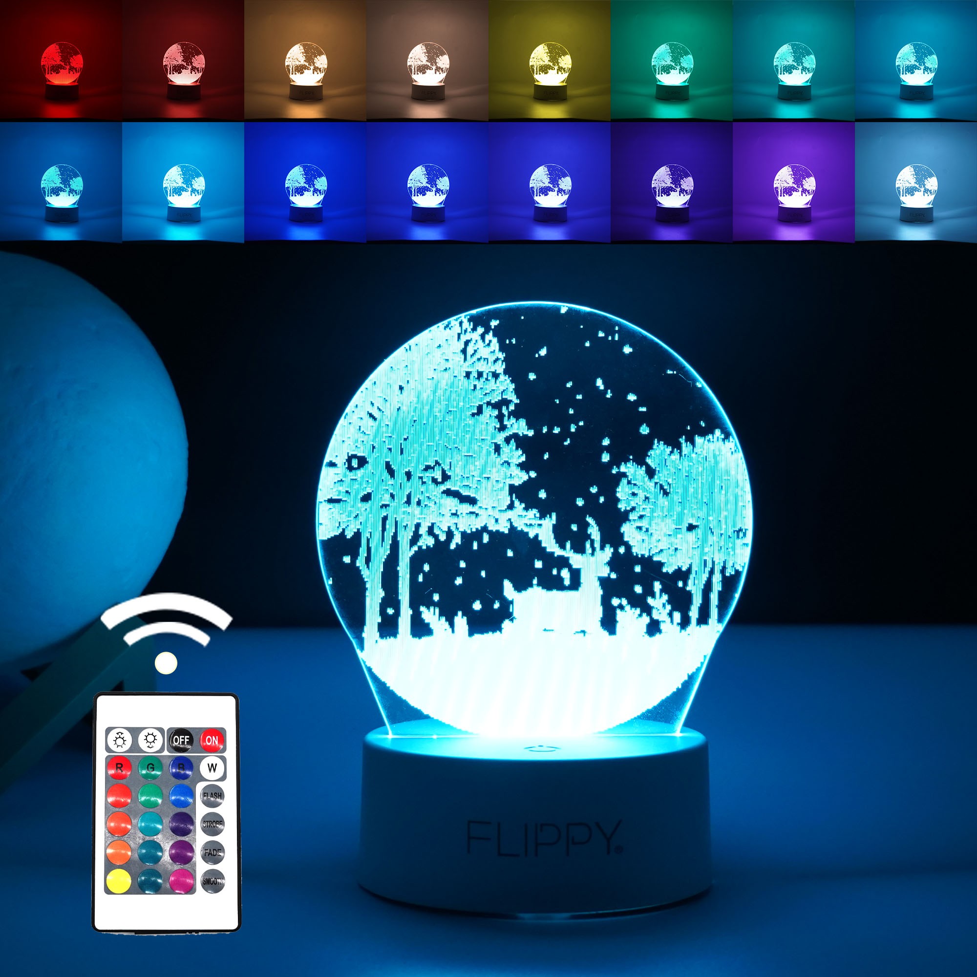 Lampa LED decorativa, , 3D, Peisaj de iarna, cu telecomanda, doua moduri de alimentare USB si baterii, 20 cm inaltime, din material acril si lumina multicolora, alb