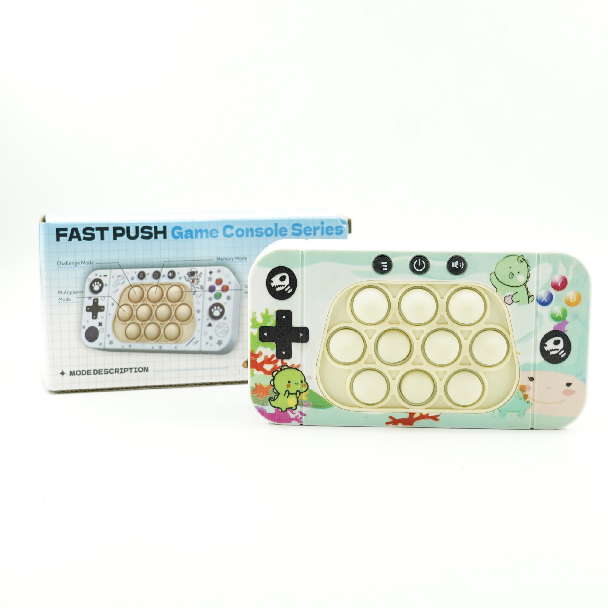 Jucarie interactiva tip consola pentru copii , speed push whack-a-mole, joc de viteza pop it, material ABS/silicon, cu nivele, sunete si lumini, 15.5 x 7.6 x 5.3 cm, model dinozaur, verde - imagine 4