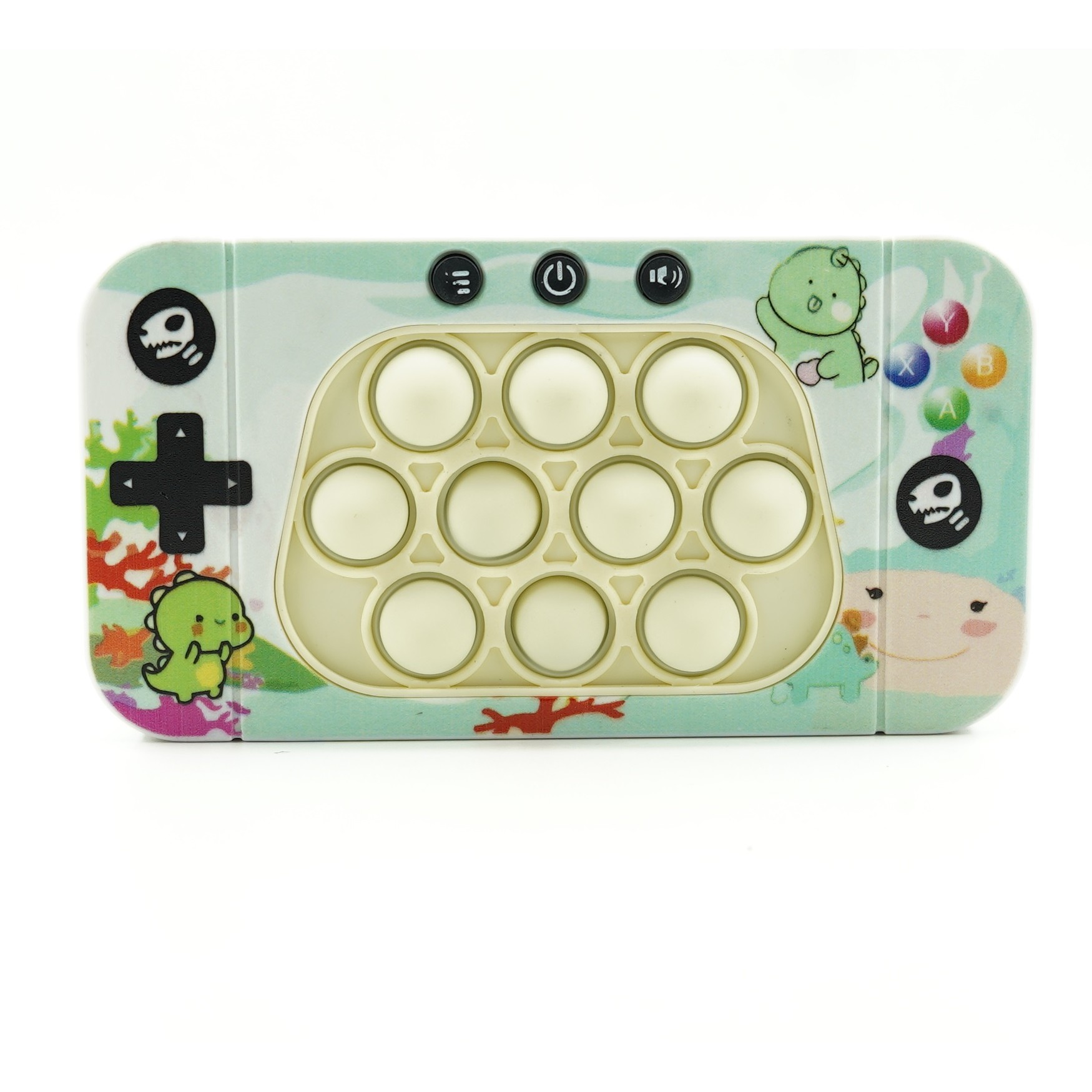 Jucarie interactiva tip consola pentru copii , speed push whack-a-mole, joc de viteza pop it, material ABS/silicon, cu nivele, sunete si lumini, 15.5 x 7.6 x 5.3 cm, model dinozaur, verde
