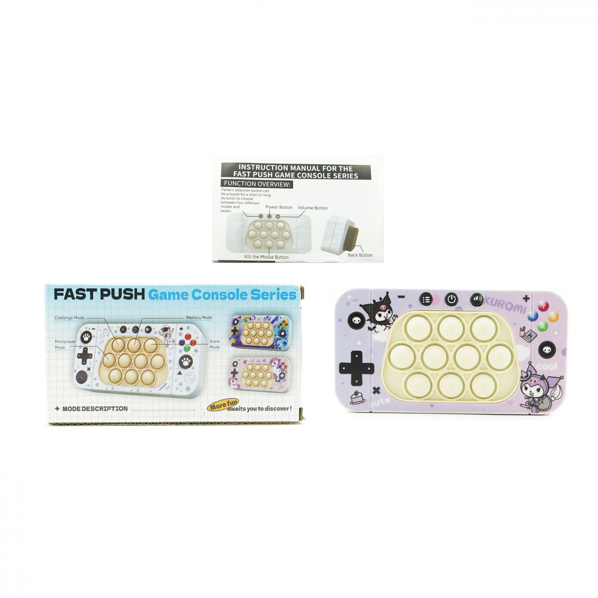Jucarie interactiva tip consola pentru copii , speed push whack-a-mole, joc de viteza pop it, material ABS/silicon, cu nivele, sunete si lumini, 15.5 x 7.6 x 5.3 cm, model elfi, mov - imagine 2
