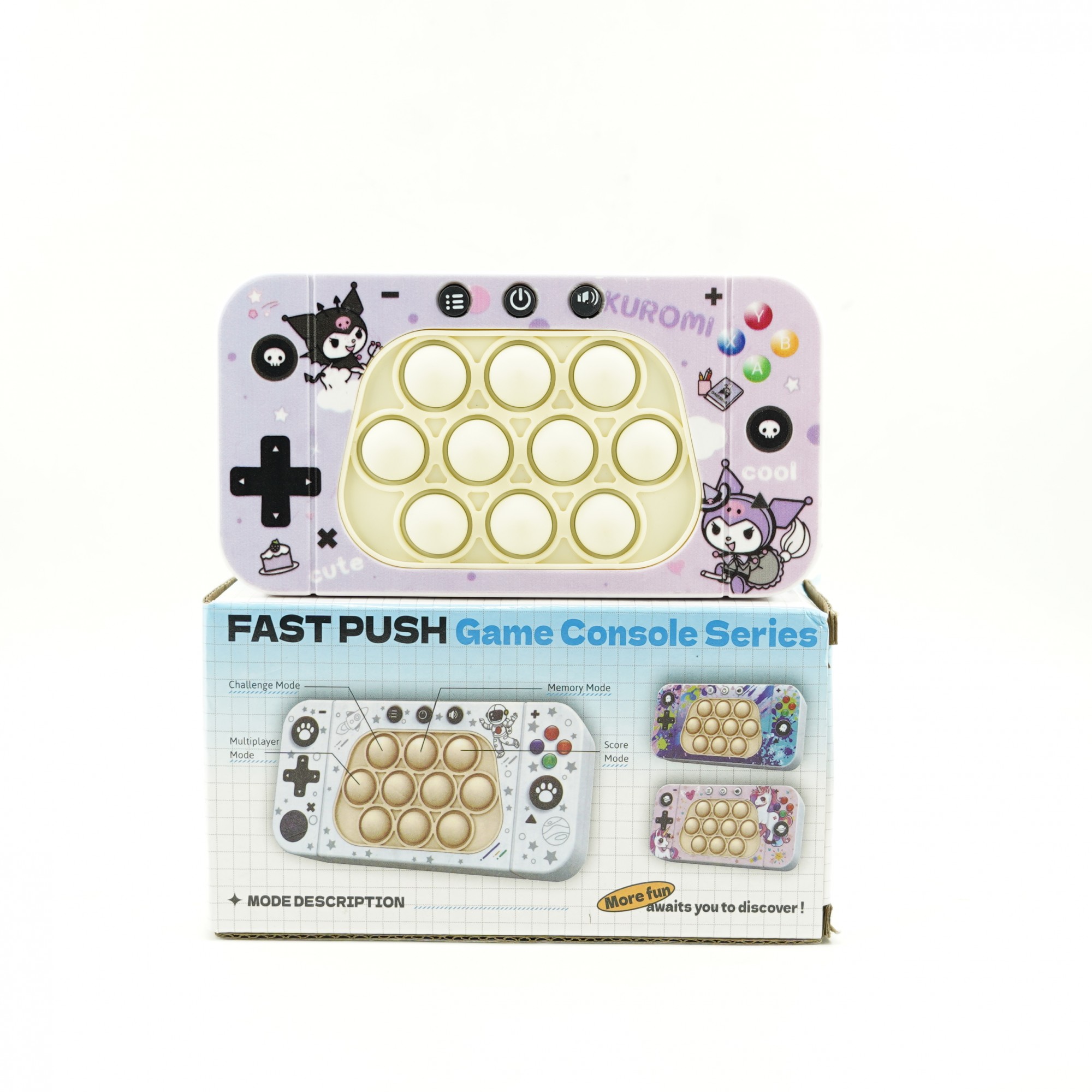 Jucarie interactiva tip consola pentru copii , speed push whack-a-mole, joc de viteza pop it, material ABS/silicon, cu nivele, sunete si lumini, 15.5 x 7.6 x 5.3 cm, model elfi, mov - imagine 3