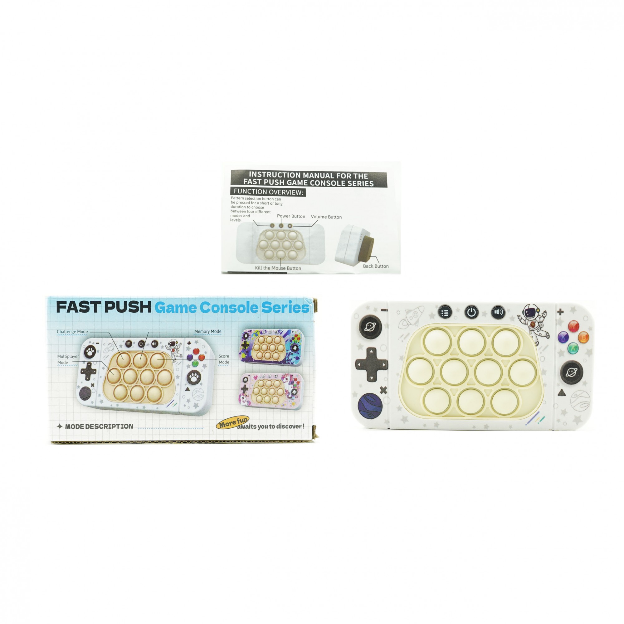 Jucarie interactiva tip consola pentru copii , speed push whack-a-mole, joc de viteza pop it, material ABS/silicon, cu nivele, sunete si lumini, 15.5 x 7.6 x 5.3 cm, model astronaut, alb - imagine 2