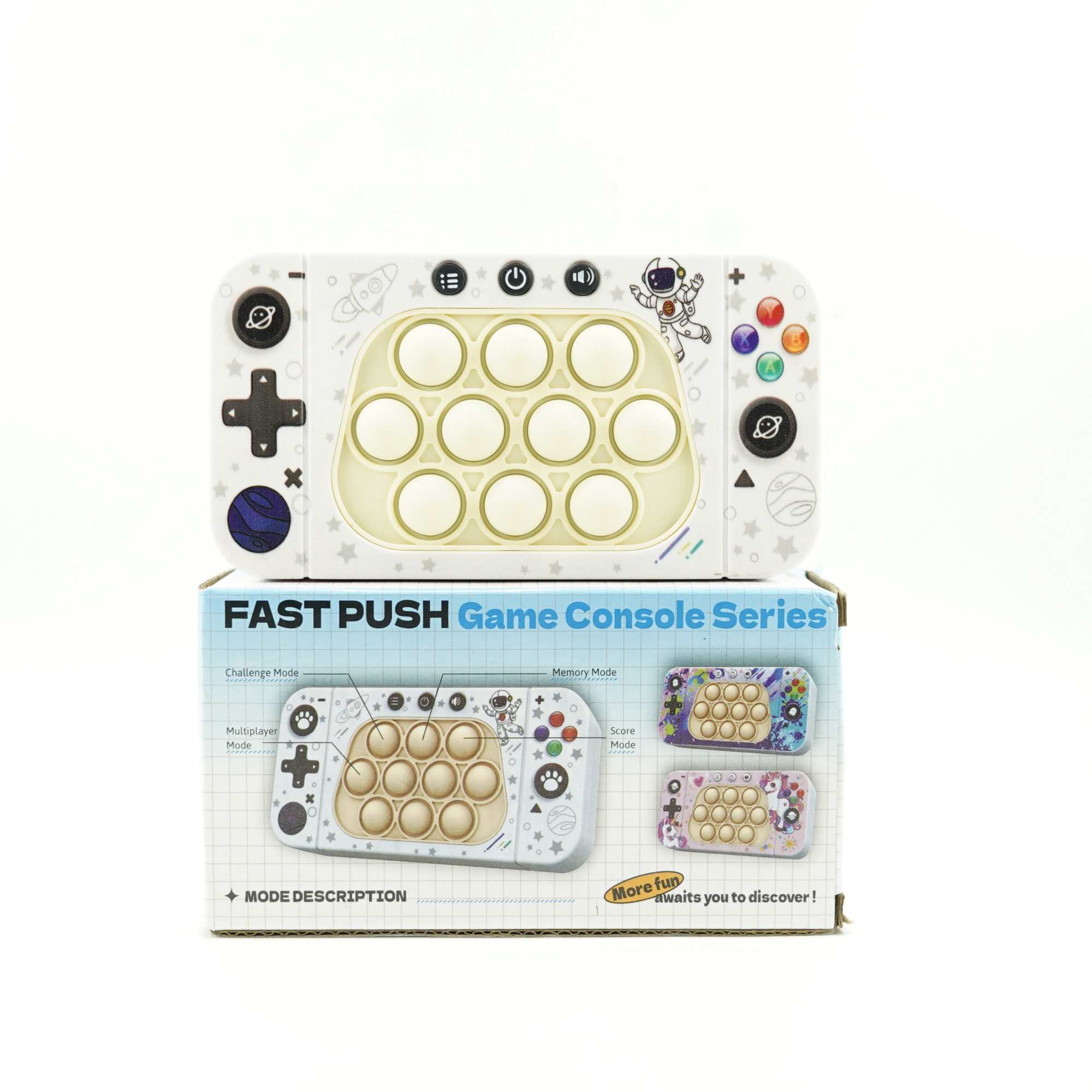 Jucarie interactiva tip consola pentru copii , speed push whack-a-mole, joc de viteza pop it, material ABS/silicon, cu nivele, sunete si lumini, 15.5 x 7.6 x 5.3 cm, model astronaut, alb - imagine 3