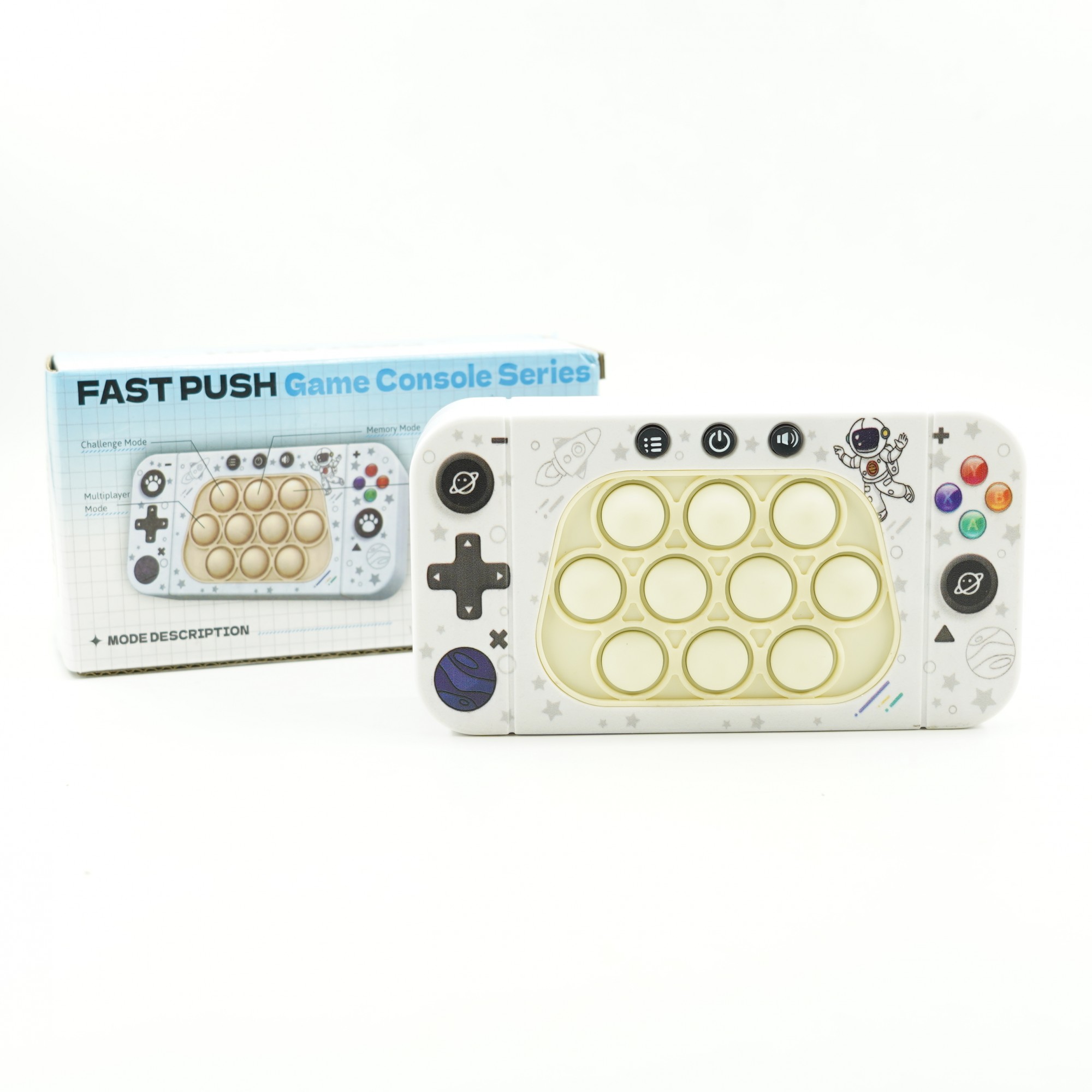 Jucarie interactiva tip consola pentru copii , speed push whack-a-mole, joc de viteza pop it, material ABS/silicon, cu nivele, sunete si lumini, 15.5 x 7.6 x 5.3 cm, model astronaut, alb - imagine 4
