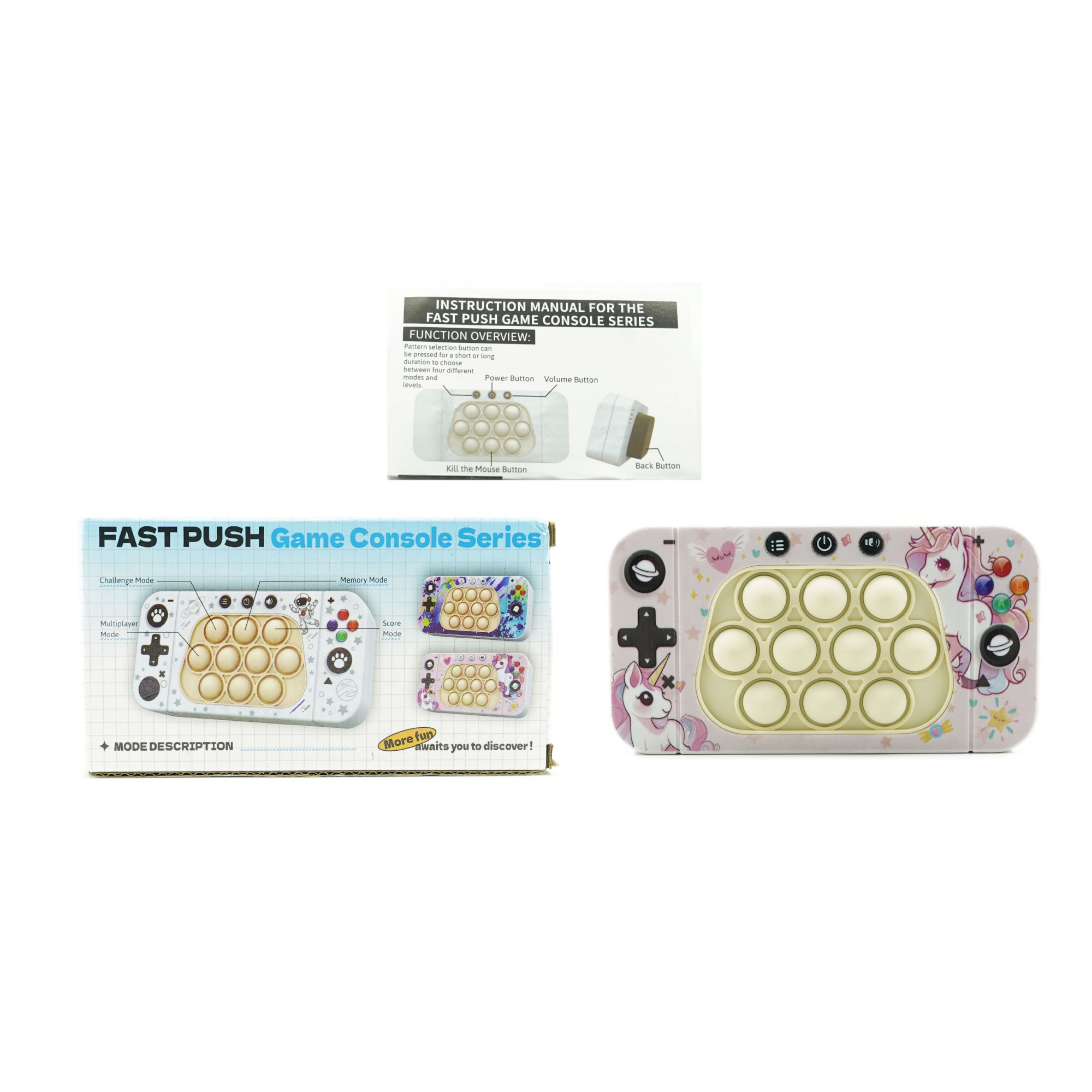 Jucarie interactiva tip consola pentru copii , speed push whack-a-mole, joc de viteza pop it, material ABS/silicon, cu nivele, sunete si lumini, 15.5 x 7.6 x 5.3 cm, model unicorn, roz - imagine 2