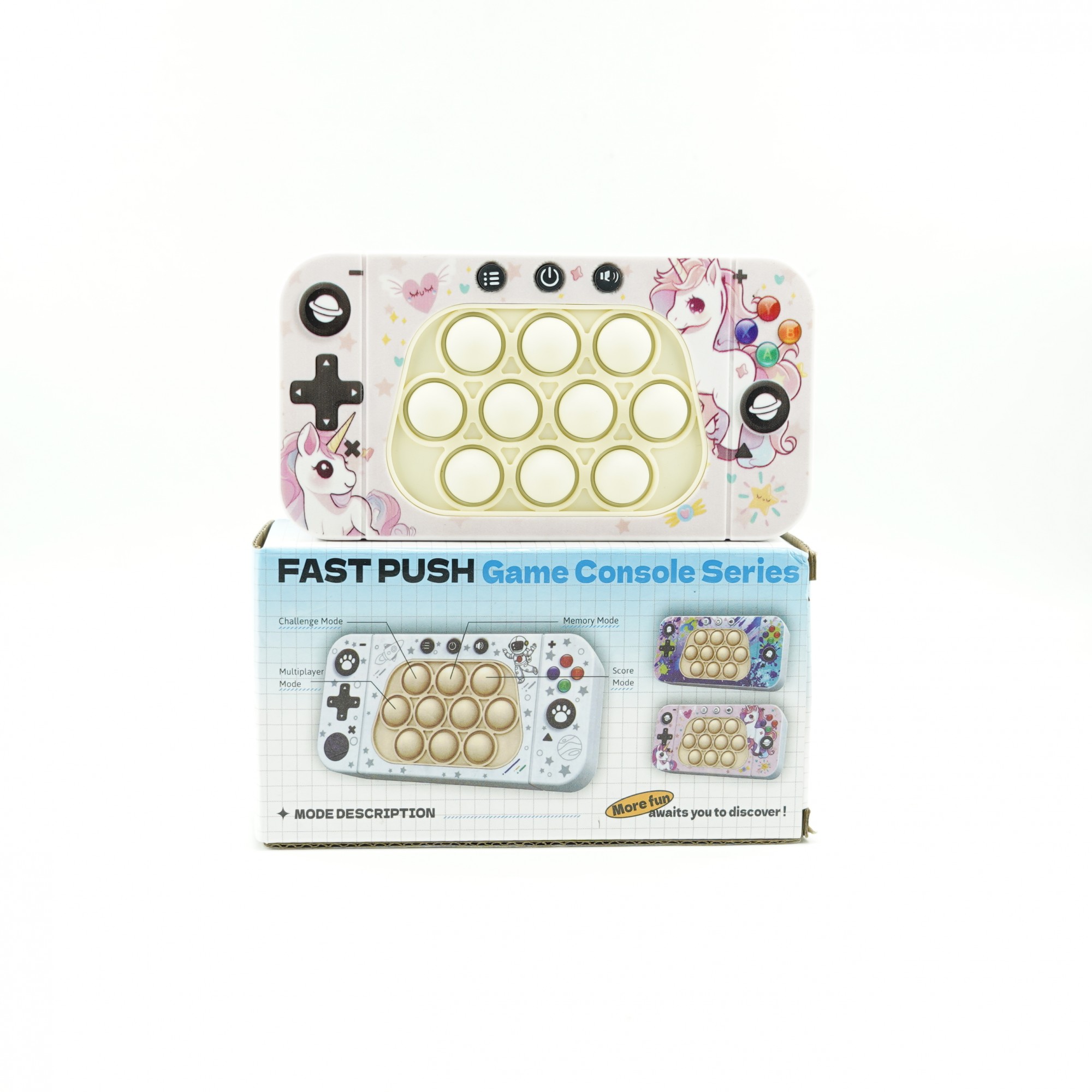 Jucarie interactiva tip consola pentru copii , speed push whack-a-mole, joc de viteza pop it, material ABS/silicon, cu nivele, sunete si lumini, 15.5 x 7.6 x 5.3 cm, model unicorn, roz - imagine 3