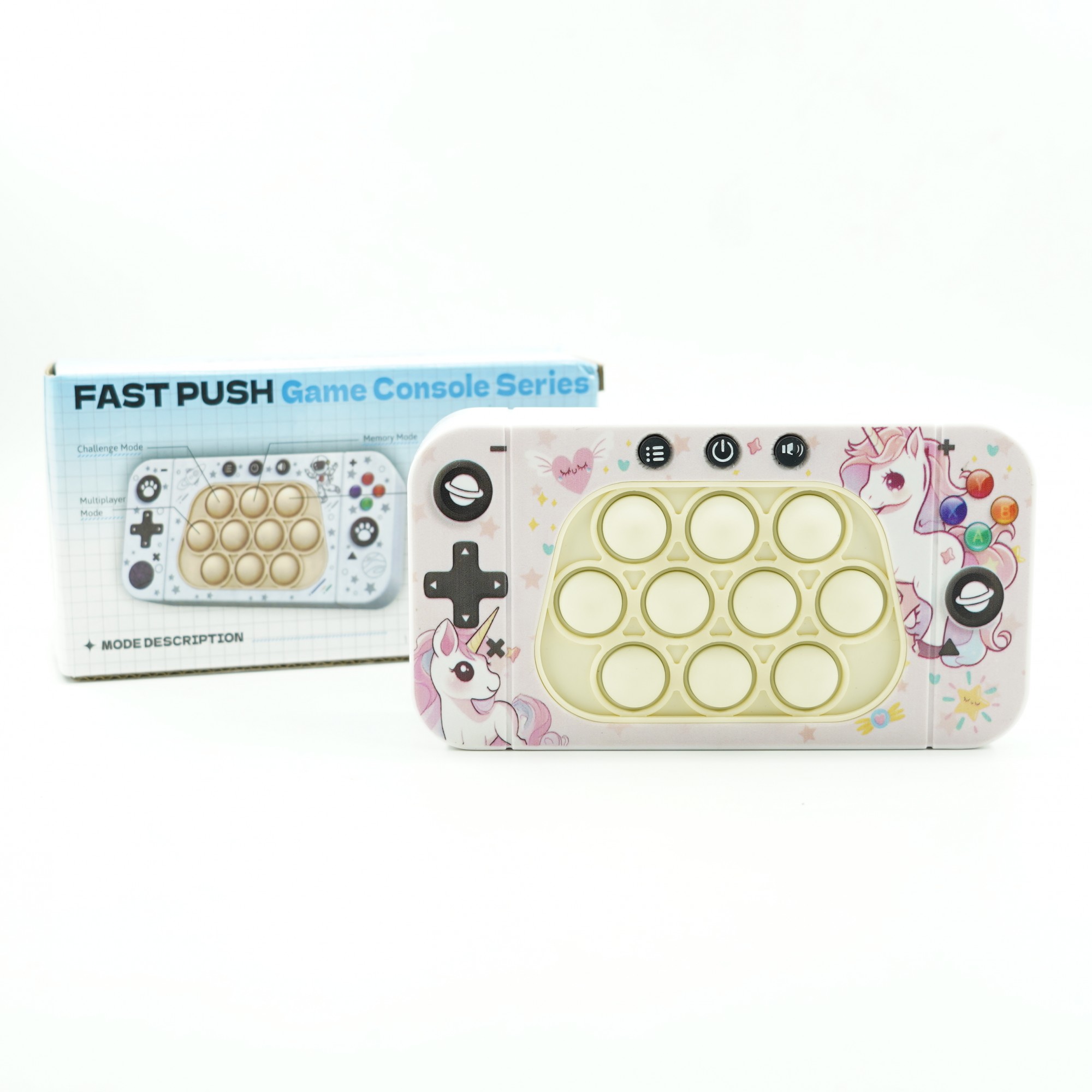 Jucarie interactiva tip consola pentru copii , speed push whack-a-mole, joc de viteza pop it, material ABS/silicon, cu nivele, sunete si lumini, 15.5 x 7.6 x 5.3 cm, model unicorn, roz - imagine 4