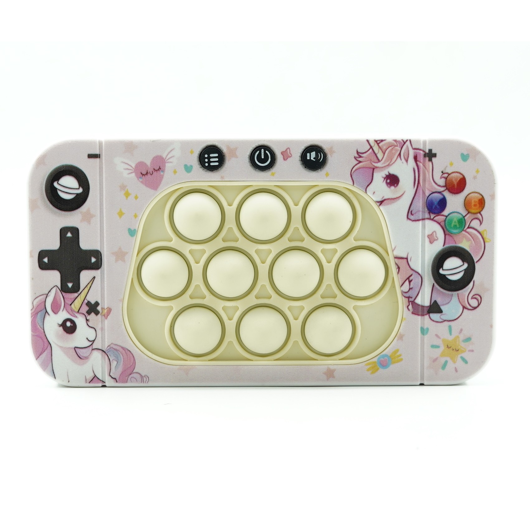 Jucarie interactiva tip consola pentru copii , speed push whack-a-mole, joc de viteza pop it, material ABS/silicon, cu nivele, sunete si lumini, 15.5 x 7.6 x 5.3 cm, model unicorn, roz