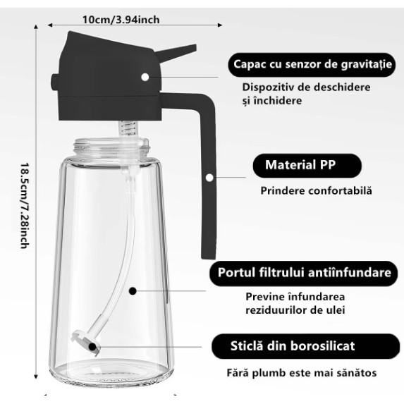 Recipient Ulei, , 2in1, Functie Spray/Turnare, din Sticla, 470 ml, Fara Scurgere, Negru - imagine 3