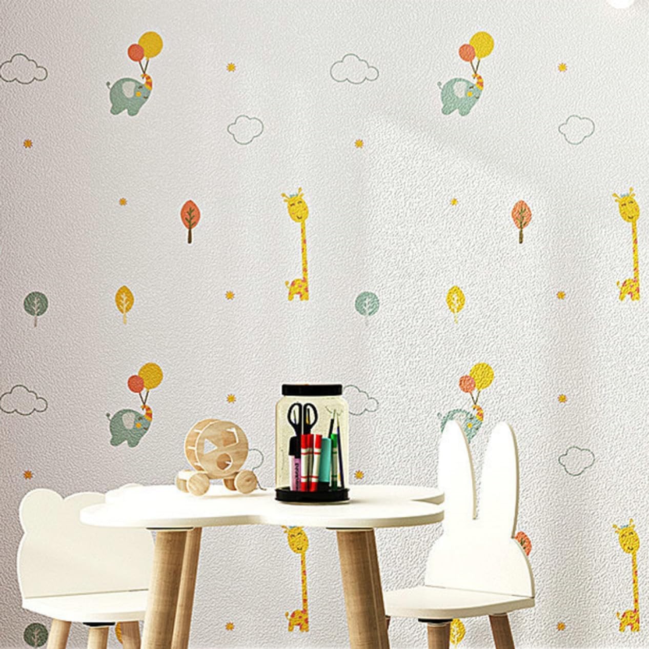 Rola Autoadeziva pentru Perete, , din Panza, 10 m, Rezistenta la Umezeala, 2.5 mm Grosime, Model Girafa si Elefant, Multicolor - imagine 3