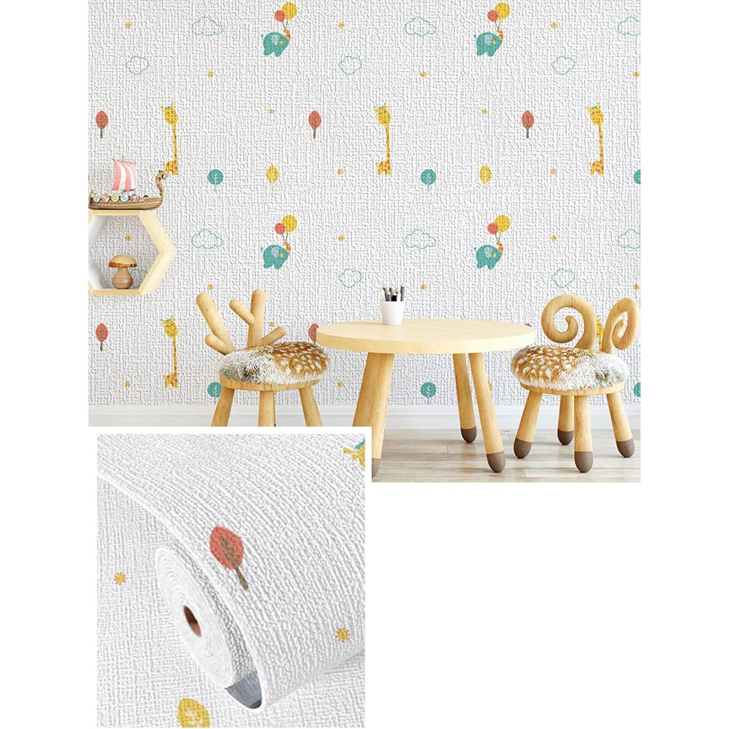 Rola Autoadeziva pentru Perete, , din Panza, 10 m, Rezistenta la Umezeala, 2.5 mm Grosime, Model Girafa si Elefant, Multicolor